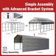 Assembly-steps diagram for the 20x30 metal garage carport: frame, roof panels, finished building