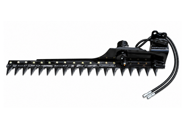 Black 58-inch sickle mower bar, pointed cutter guards, hydraulic motor, pin-on mount head, hoses with quick couplers