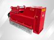 Red Raytree excavator drum mulcher, chain guard of hanging chains across the front and pin-on mount