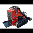AGT LRT23 mini skid steer in red and black, rear three-quarter with fold-down platform, rubber tracks and bucket