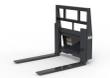 Black pallet fork frame with headache rack and two tapered fork tines, on a plain white background