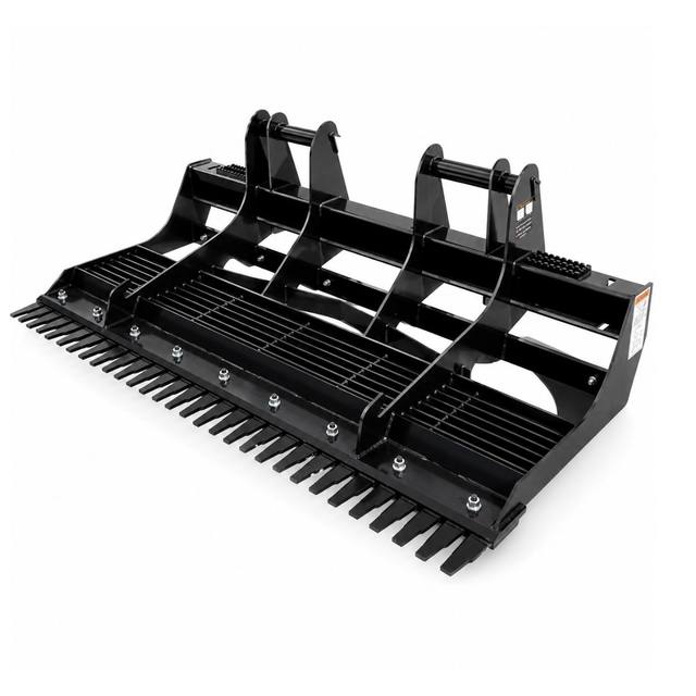 Wolverine land leveler, black steel frame with bolt-on teeth along the leading edge and a skid-steer quick-attach plate