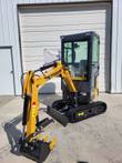 AGT H13R mini excavator with boom extended, toothed bucket and thumb, enclosed cab, dozer blade and tracks