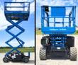 GS-2669 RT rough terrain scissor lift raised on its blue scissor stack, side and rear views on four-wheel-drive tires