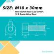 Dimension diagram of M10 x 30 mm hex socket cap screw: 16 mm head, 10 mm head height, 8 mm hex, 1.5 mm pitch