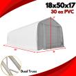 White 30oz PVC dual-truss fabric building, gray front winch door, 18x50x17 ft callouts and dual-truss frame inset