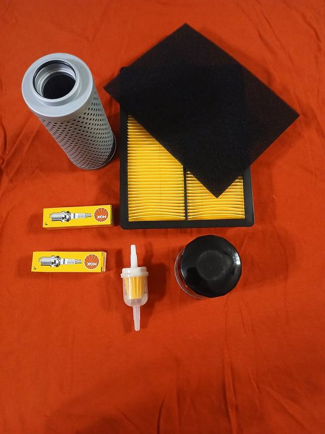 Tune-up kit: hydraulic filter, air filter with foam pre-filter, oil filter, fuel filter, two NGK spark plugs