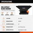 Manufacturer spec sheet for the WIG asphalt block crusher: feed width, output size, flow and pressure ratings
