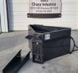 Wolverine concrete bucket, hopper and gate housing with warning decals, detached pour chute alongside