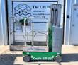Genie GR-20 Runabout mast lift, green base, guardrailed aluminum platform, control panel and lowered mast
