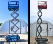 Two scissor lifts raised to full height: a blue unit and a red Skyjack SJIII 3219, scissor stacks fully extended