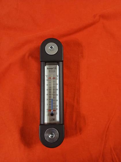 Buyers hydraulic tank level gauge with thermometer, black frame, High and Low marks, C and F scale