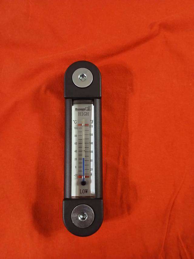 Buyers hydraulic tank level gauge with thermometer, black frame, High and Low marks, C and F scale