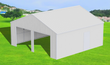White 45x25 steel barn garage render, two open door bays on the gable end and a side walk door