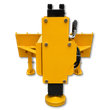 Yellow hydraulic post driver: black valve block on top, quick-attach mount wings, side hose and domed driver head at base
