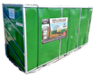 Green fabric container shelter with white trim and rolling arch frame design