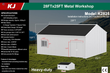 Spec banner for the KJ K2825 28x25 metal workshop: 15 ft peak, 3.3x4 ft windows, 6.6x7.9 ft garage door