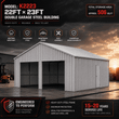 Feature graphic for the cream 22x23x13 double garage: weather resistant, galvanized steel, easy assembly