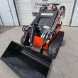 AGT LRT23 mini skid steer with black bucket lowered, vented hood and front auxiliary hydraulic couplers
