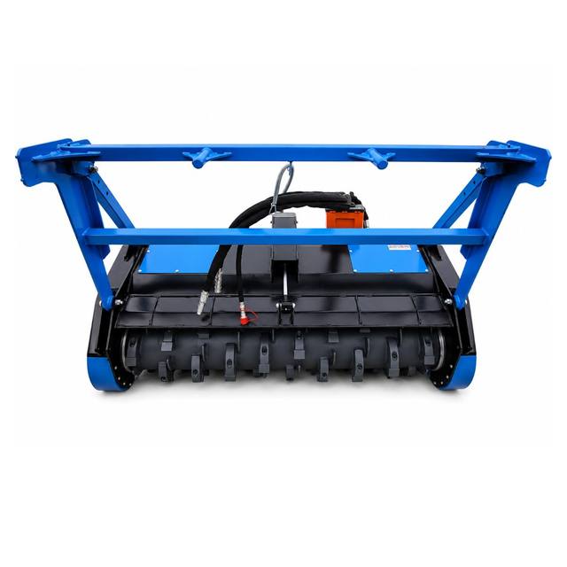 Blue drum mulcher, front: black rotor with bolt-on cutting teeth, push frame, hydraulic hoses and valve block