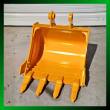 Yellow 24-inch excavator bucket, open face, four bolt-on teeth, side cutters and twin pin-boss ears