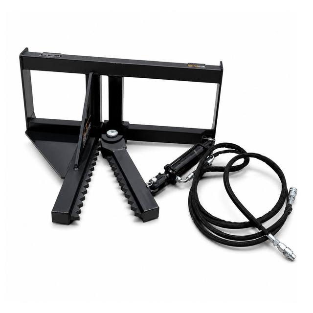 Skid steer tree and post puller: serrated steel jaws, hydraulic cylinder and quick-connect hoses on a quick-attach frame