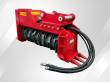 Red Raytree excavator mulcher, black toothed rotor, three claw teeth and hoses, 35-65 GPM decal