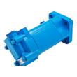Blue hydraulic orbital motor seen from the port end, with nameplate, bolts and 4-bolt flange at the rear