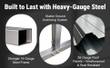 Material closeups: 14-gauge steel frame tube, ground anchor bracket and 26-gauge roof panel