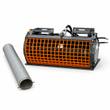 Arteer cement mixer, orange bag-splitter grate over the drum, gray steel frame, with flexible discharge hose