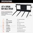 Spec table for the JCT 4-spear hay bale spear: 36in tines, 48 x 30 x 36in overall, 320 lbs, universal skid steer mount