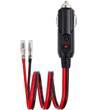 Cigarette lighter plug with red LED indicator and coiled red and black lead ending in two bullet terminals