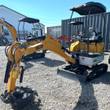 ME20 mini excavators parked side by side, yellow booms, open canopies, rubber tracks, toothed buckets and push blades