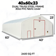 40x60x23 ft dual truss fabric building, 2,400 sq ft, with a 15 x 16 ft winch door and man door on the end wall