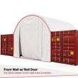 Container shelter front wall with roll-up door, mounted between two red shipping containers