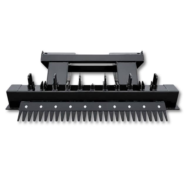 Wolverine ripper bar, front: row of ripper shanks above a full-width finishing rake with pointed tines