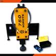 AGROTK 750 post driver, yellow hydraulic hammer with domed driving cup, hoses, skid steer quick-attach plate, tool case
