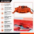 TopCat 68in brush cutter features graphic: 68in cut, three 3/8in blades, high-flow hydraulics, universal quick attach
