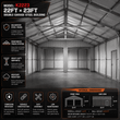 Interior of the cream 22x23x13 double garage showing the galvanized steel frame and trusses