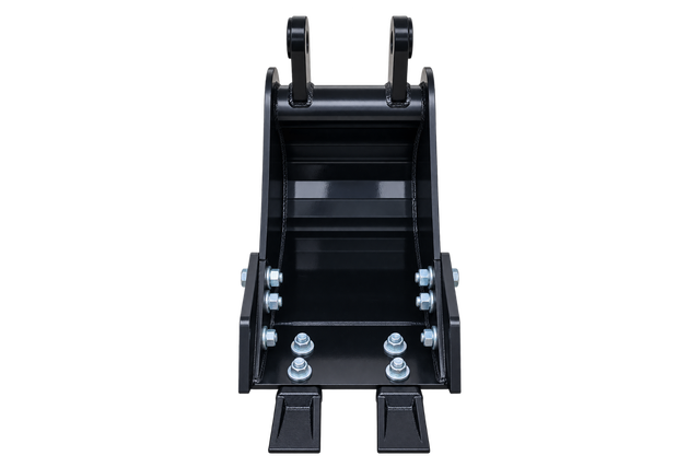 Black 8-inch trenching bucket, two digging teeth, zinc-bolted side plates and twin pin mounting ears
