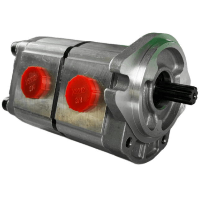 Two-section aluminum hydraulic gear pump, splined shaft, red caps on the side ports