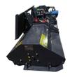 Gray 67-inch flail mower angled on white: blue hydraulic drive motor, hoses and yellow safety decals