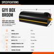GIYI BS72 box broom spec sheet: 72in working width, 32in depth, poly and wire bristles, 11-20 GPM