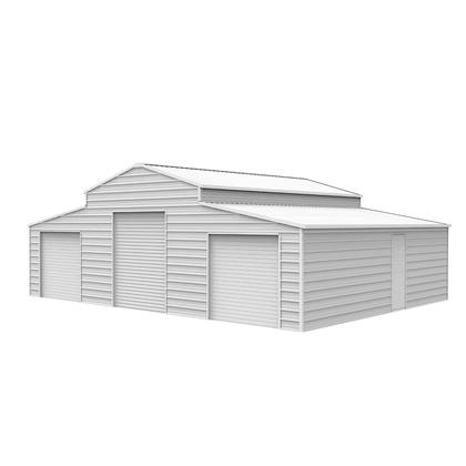 Cream 42x30x13 steel storage shed with three roll-up door openings, side door and window, 3/4 view