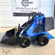 Blue AGT MX-MRW14 mini skid steer with a black bucket, stand-on platform and knobby turf tires
