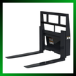 3D render of black pallet forks, angled: two fork tines, tall headache-rack backrest and mounting frame