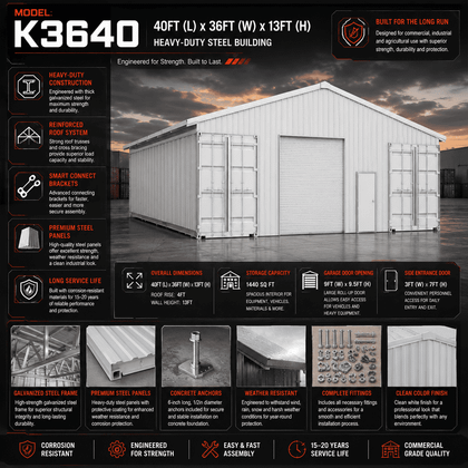 K3640 steel container roof kit on two shipping containers, cream panels, exterior 3/4 view