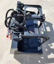 Gray flat-bottom grapple bucket with open grapple arm, hydraulic cylinder and red-capped coupler