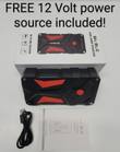 BIUBLE 12V car jump-starter power pack with box, cable and manual; overlay text 'FREE 12 Volt power source included'