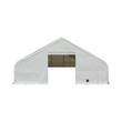 Dual truss fabric building, white PVC cover, open drive-through door in the end wall with a man door alongside